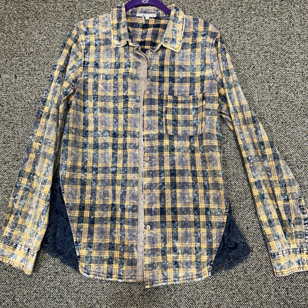 Gilded Intent Plaid Lace Back Shirt Womens Large Yellow Blue Distressed Boho